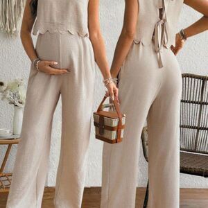 SHEIN 2pcs Maternity Suit, Linen Sleeveless Top & Tie Back Shorts, Simple Everyd